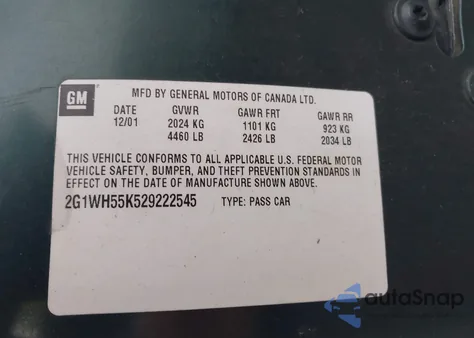 2002 Chevrolet Impala Ls from USA, damaged, VIN 2G1WH55K529222545